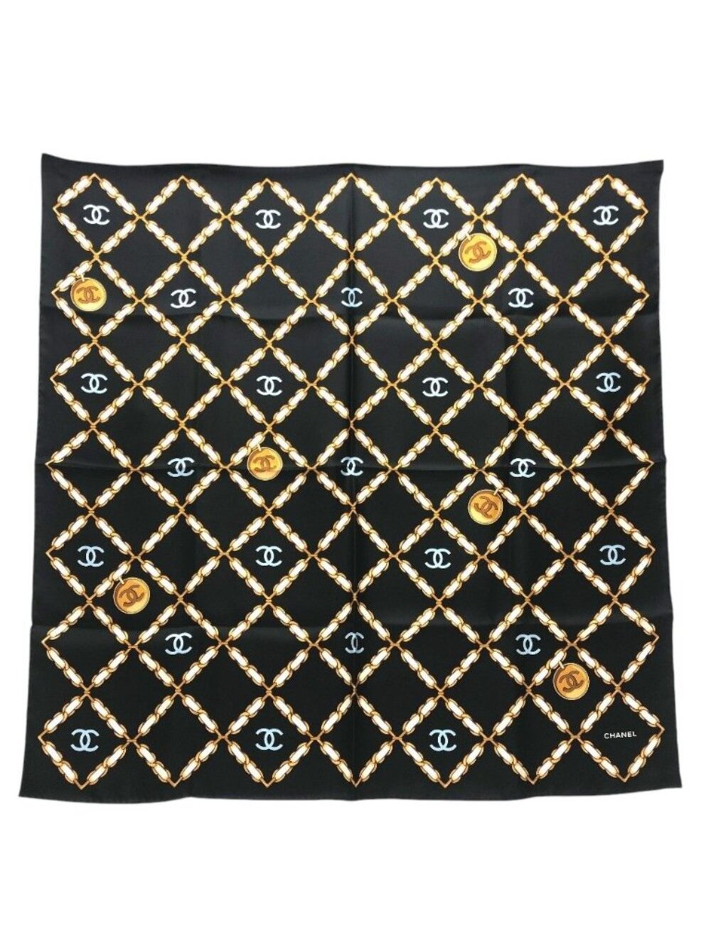 Chanel Scarf CC Logo Chain All Over Pattern Silk Black